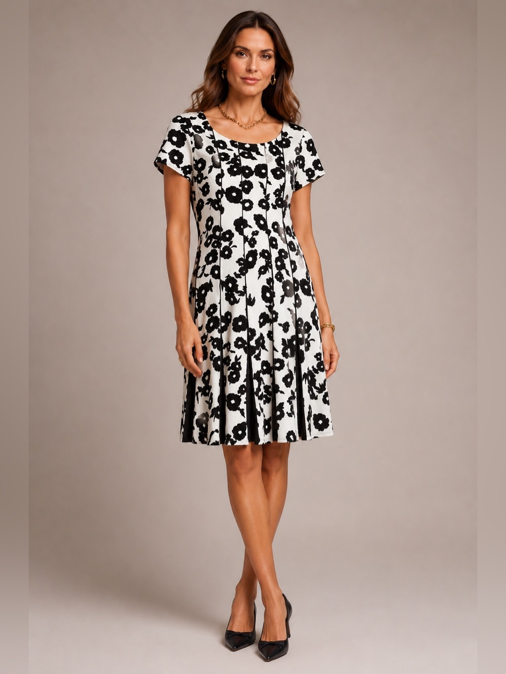 Black White Floral Pleated Bottom Dress Garden Party Wedding Guest Size 10